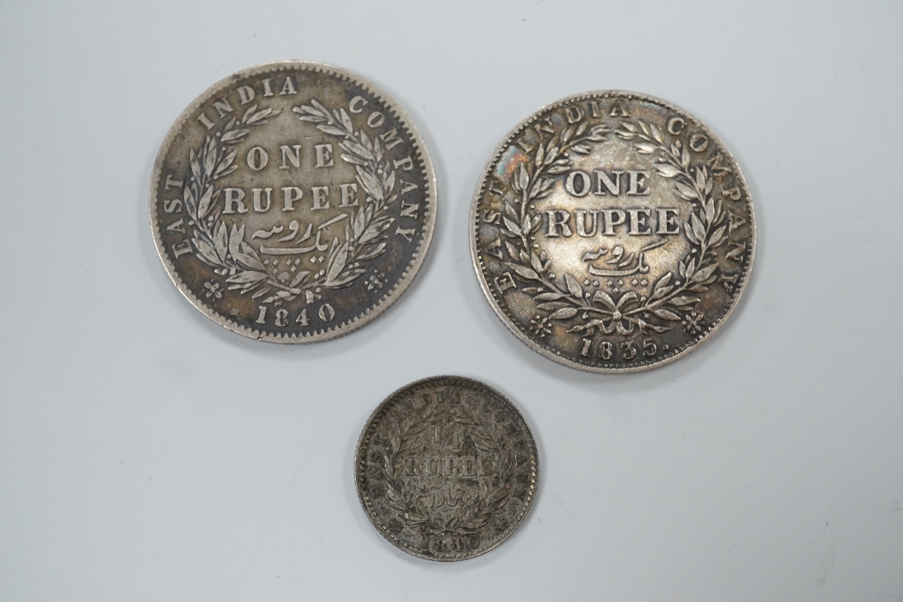 Two Victorian rupees, 1840 and 1835 and a 1/4 rupee 1840